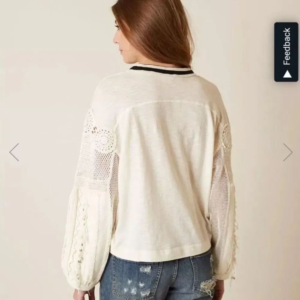 Free People Marrakech Long Sleeve Crochet Embellished Boho Ivory Top Size S